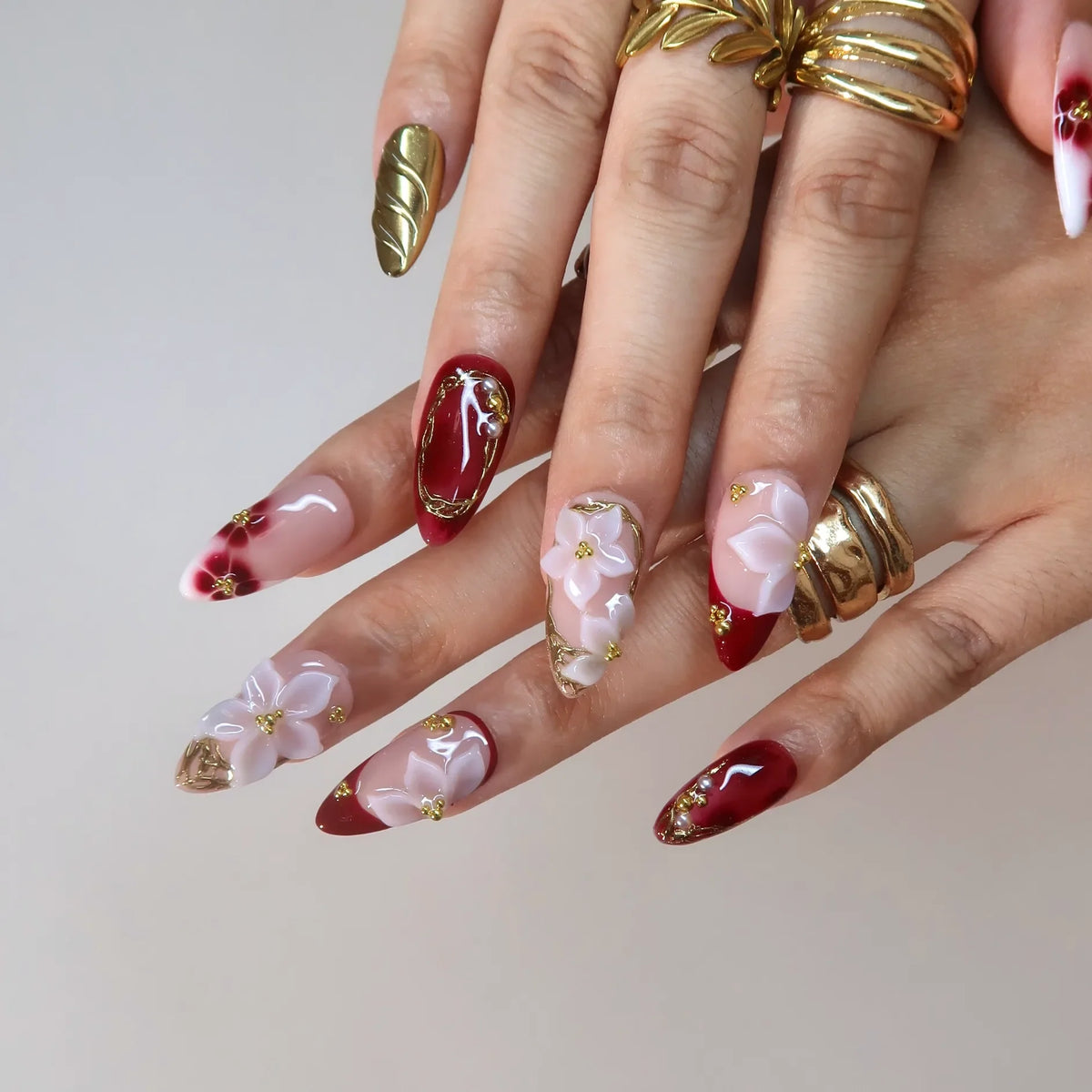 Cherry Wine Chrome Fresh Almond Press On Nails
