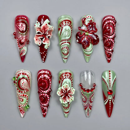 Rose Cat Eye 3D Floral Stiletto Press On Nails