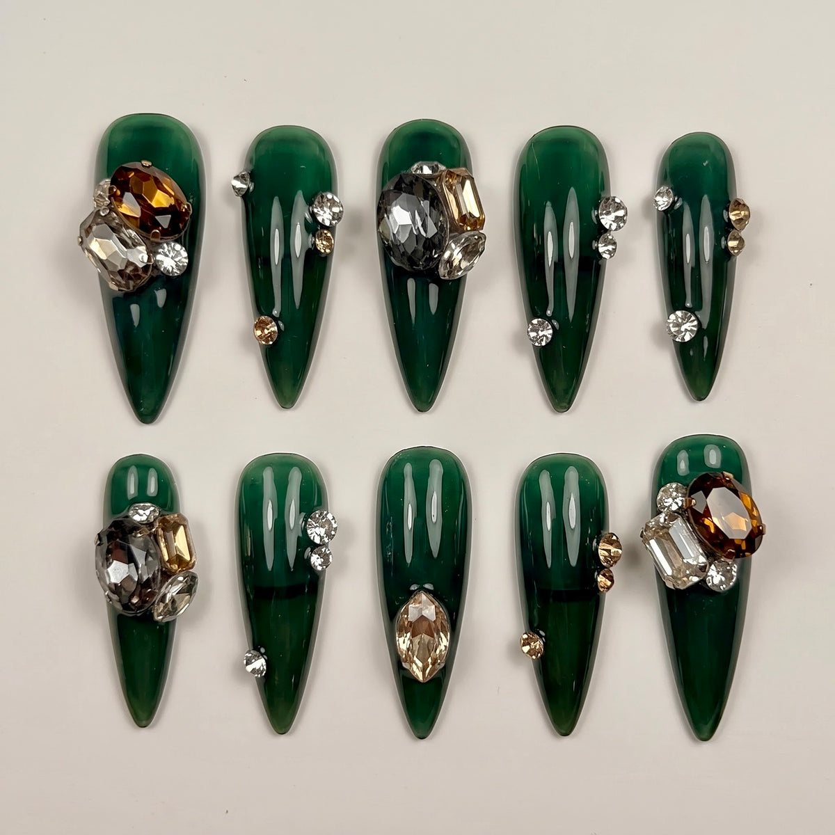 Emerald Envy Glossy Crystal Stiletto Press On Nails