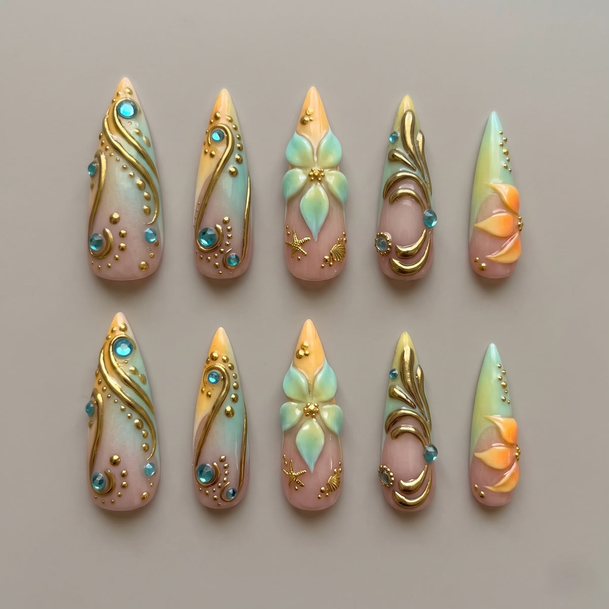 Golden Tide Pastel Bloom 3D Stiletto Press On Nails