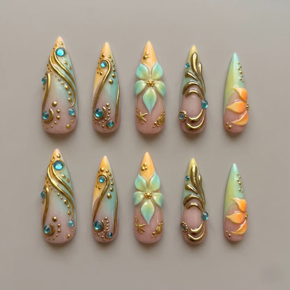 Golden Tide Pastel Bloom 3D Stiletto Press On Nails
