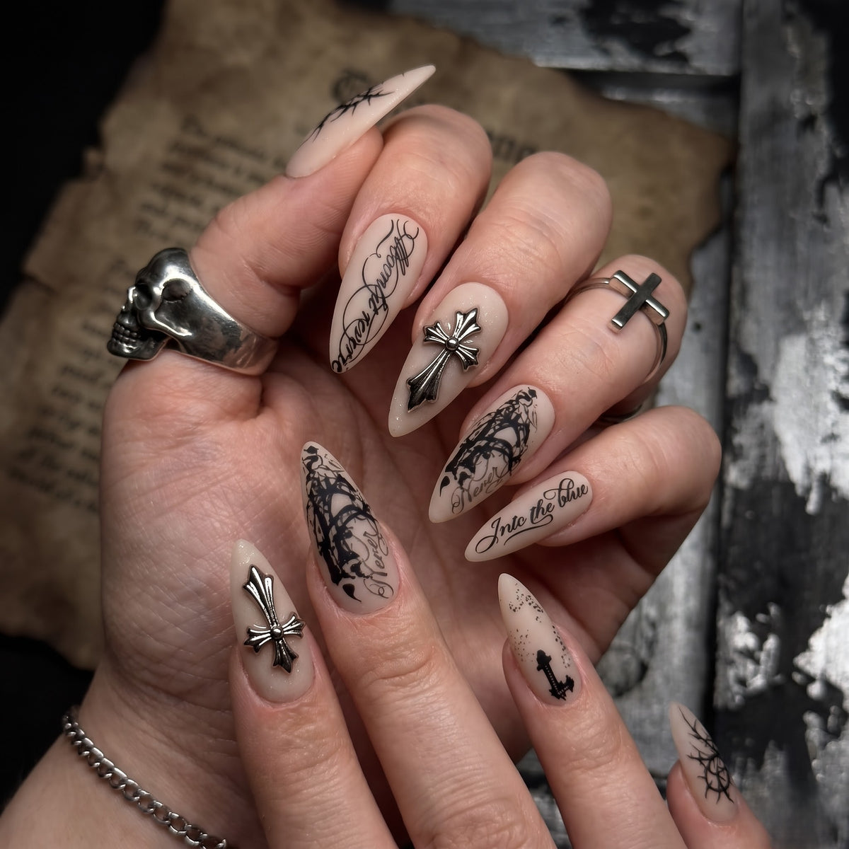 Sacred Cross Gothic Grunge Almond Press On Nails