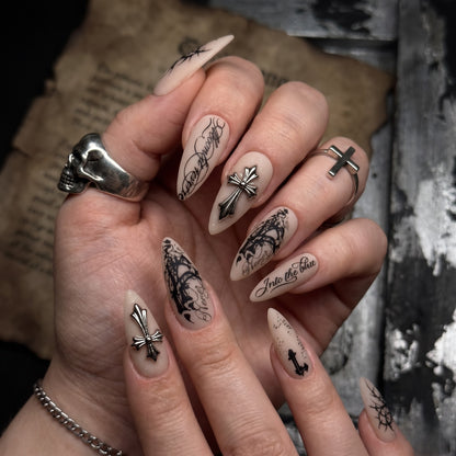 Sacred Cross Gothic Grunge Almond Press On Nails