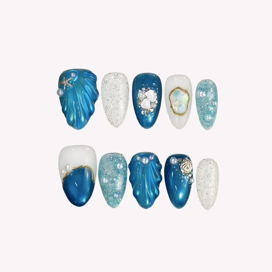 Deep Blue Cat Eye Fresh Almond Press On Nails