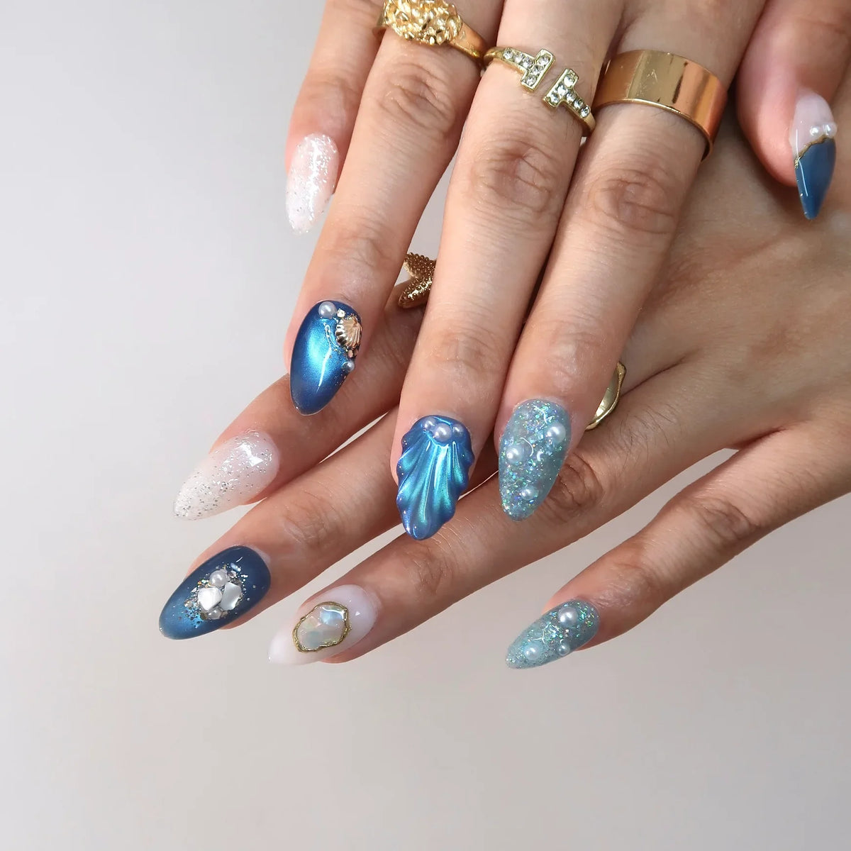 Deep Blue Cat Eye Fresh Almond Press On Nails