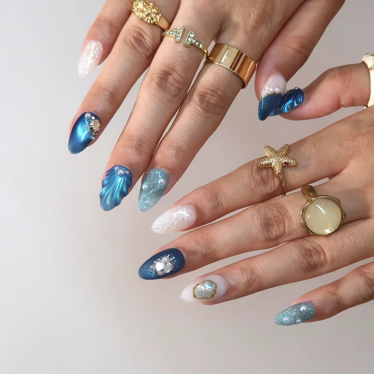 Deep Blue Cat Eye Fresh Almond Press On Nails