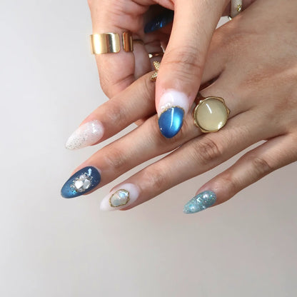 Deep Blue Cat Eye Fresh Almond Press On Nails