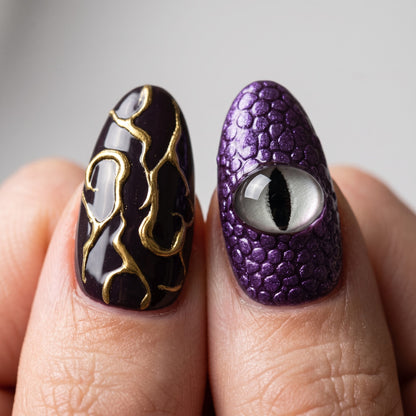 Dragon Eye Press On Nails — Gold Vein & Marble Set | Handmade Almond, Romantasy Fantasy