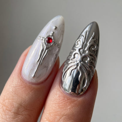 Silver Wing Press On Nails — 3D Feather & Chrome Set | Handmade Stiletto, Fantasy Romance