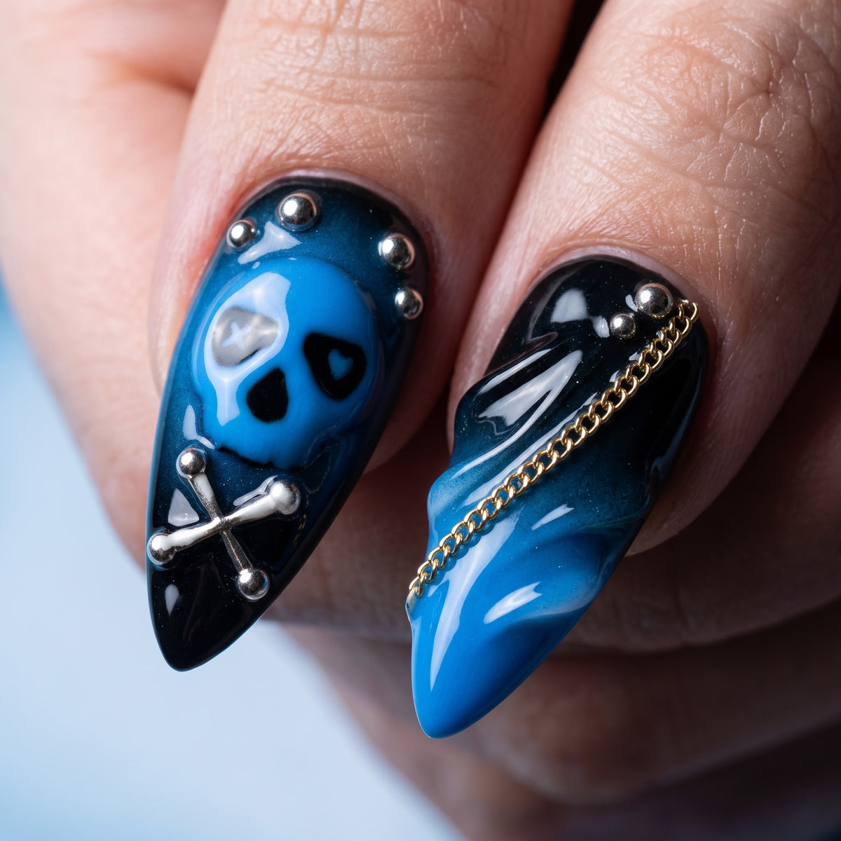 Blue Flame Skull Press On Nails — Chain & Stud Set | Handmade Black Stiletto, Y2K Grunge