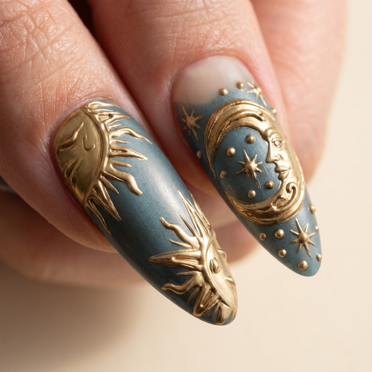 Celestial Sun & Moon Press On Nails — 3D Gold Relief Set | Handmade Teal Almond, Witchy Tarot