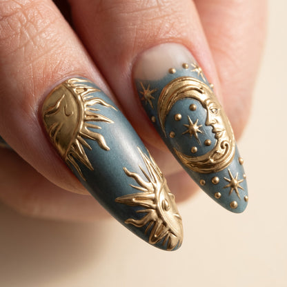Celestial Sun & Moon Press On Nails — 3D Gold Relief Set | Handmade Teal Almond, Witchy Tarot