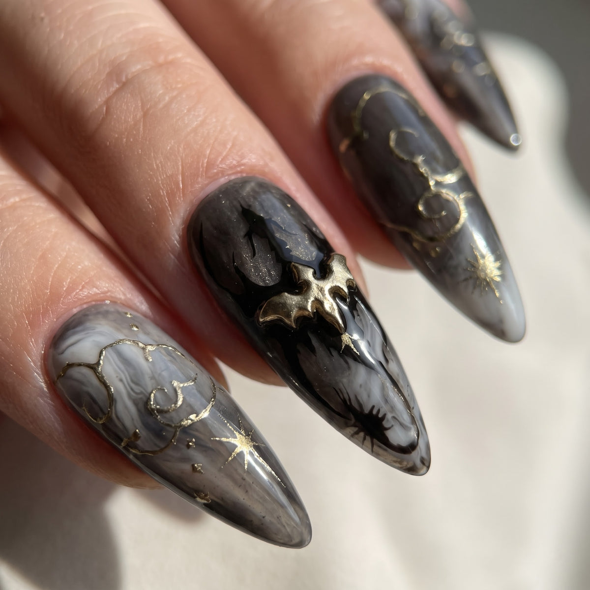 Smoke Marble Press On Nails — Gold Bat & Star Set | Handmade Stiletto, Dark Academia