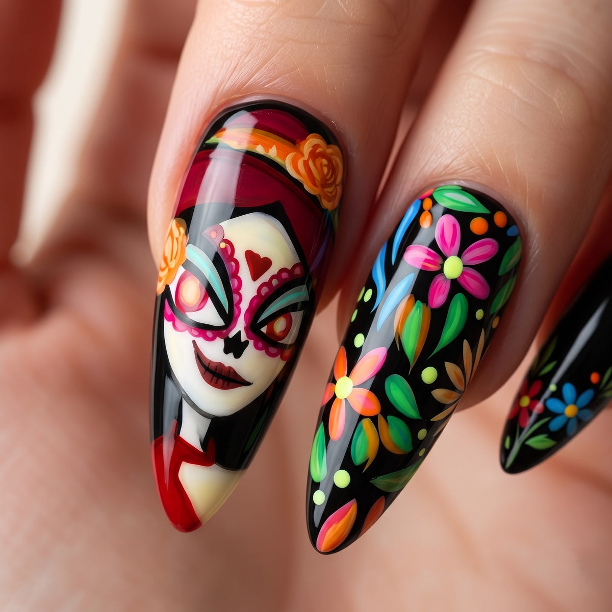 Day of the Dead Catrina Press On Nails — Marigold Muse | Hand-Painted Black Stiletto Set