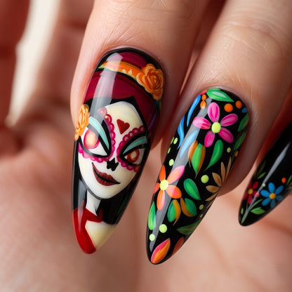 Day of the Dead Catrina Press On Nails — Marigold Muse | Hand-Painted Black Stiletto Set