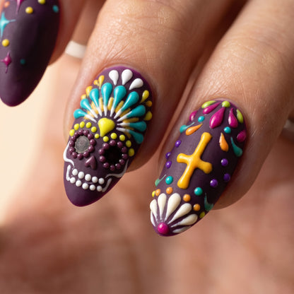 3D Sugar Skull Press On Nails — Violet Vigil | Hand-Painted Purple Matte Almond Set