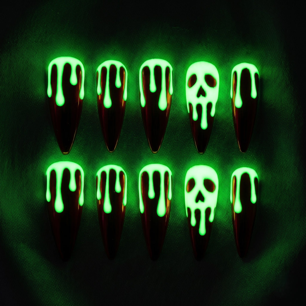 Neon Horror Green Cat-Eye Drip Chrome Stiletto Press On Nails