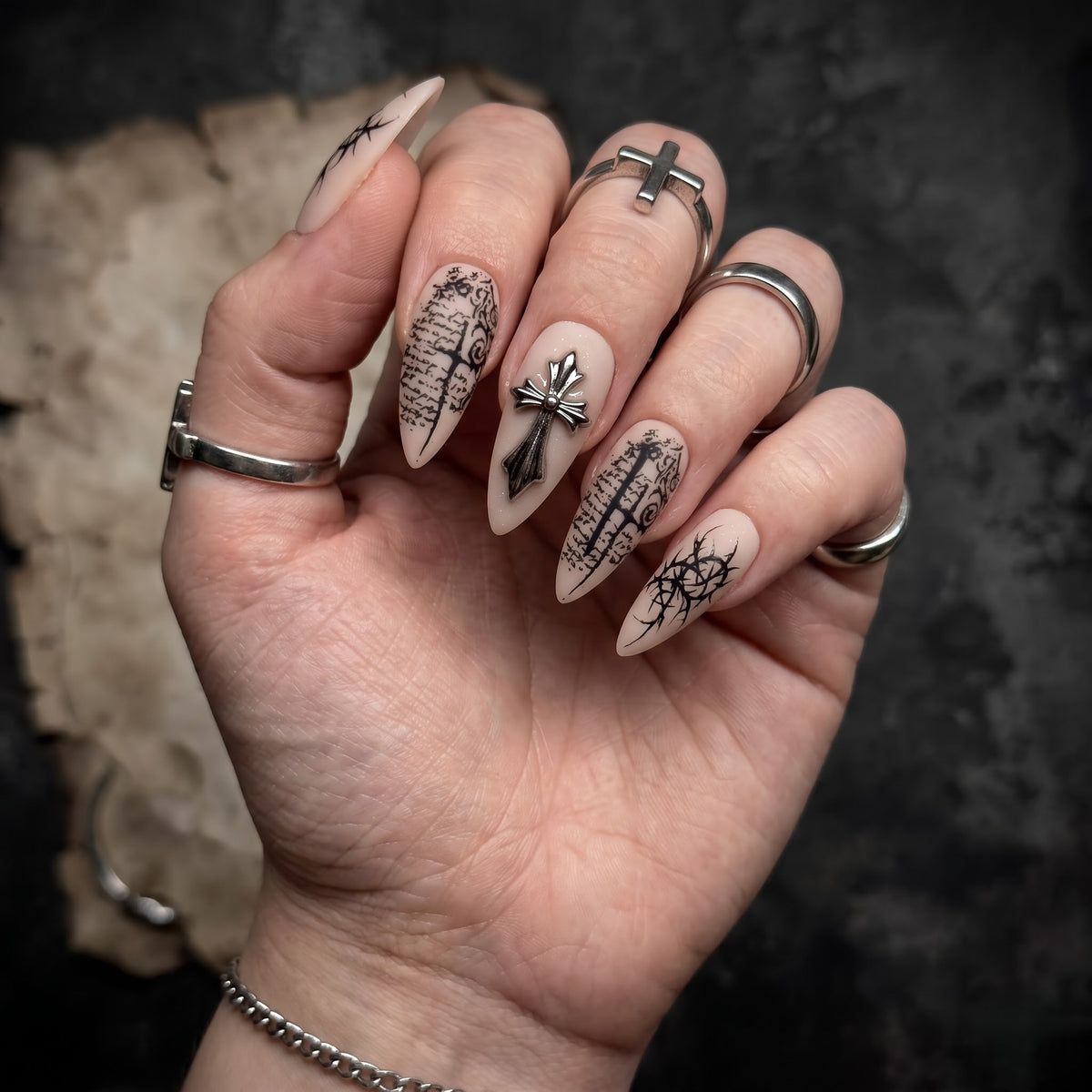 Sacred Cross Gothic Grunge Almond Press On Nails