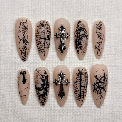 Sacred Cross Gothic Grunge Almond Press On Nails