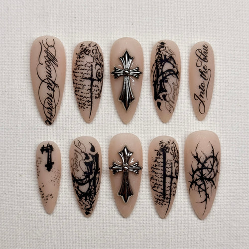 Sacred Cross Gothic Grunge Almond Press On Nails