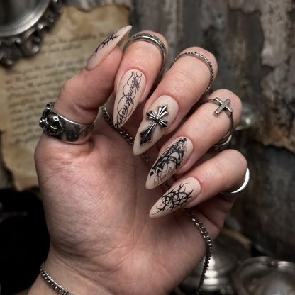 Sacred Cross Gothic Grunge Almond Press On Nails