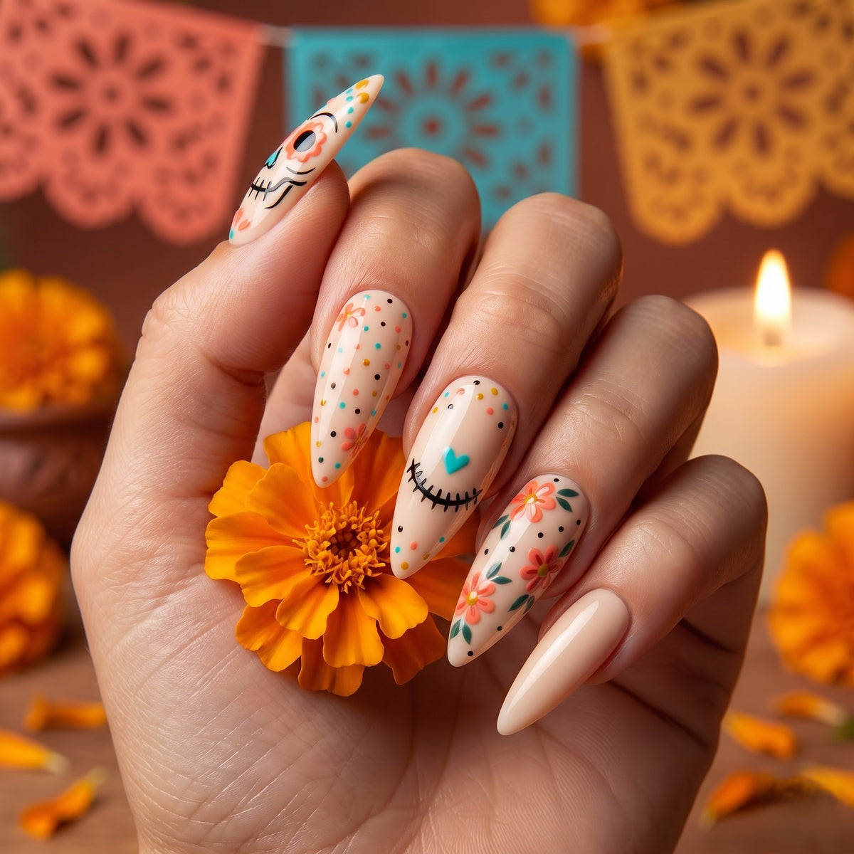 Sugar Skull Press On Nails — Marigold Grin | Hand-Painted Nude Almond Set