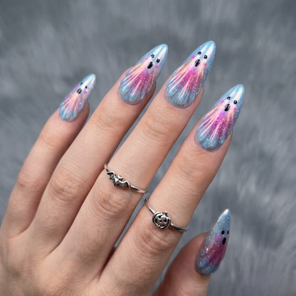 Boo Ghost Cat-Eye Spooky Almond Press On Nails