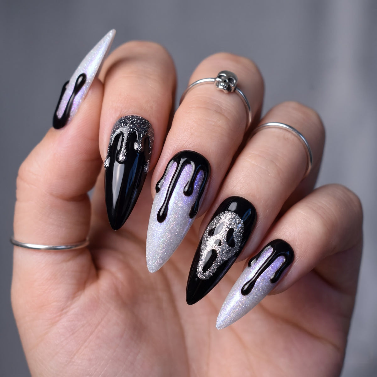 Midnight Scream Cat-Eye Drip Glitter Stiletto Press On Nails
