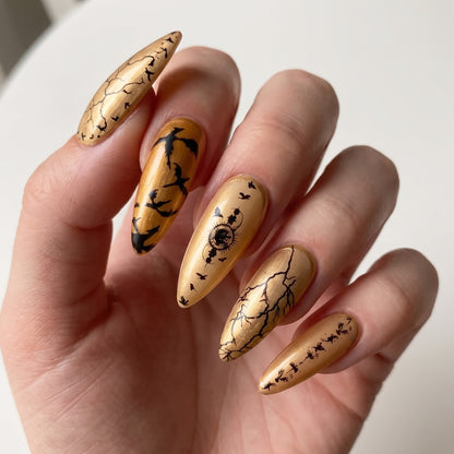 Antique Gold Press On Nails — Raven & Crackle Set | Handmade Stiletto, Dark Academia Bookish