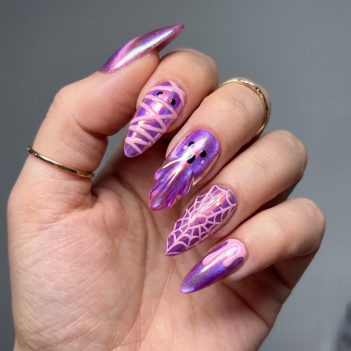 Pink Spook Chrome Cat-Eye Cute Almond Press On Nails
