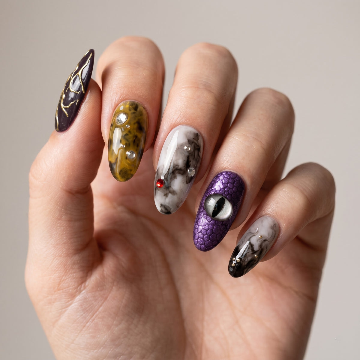 Dragon Eye Press On Nails — Gold Vein & Marble Set | Handmade Almond, Romantasy Fantasy