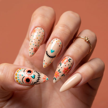 Sugar Skull Press On Nails — Marigold Grin | Hand-Painted Nude Almond Set