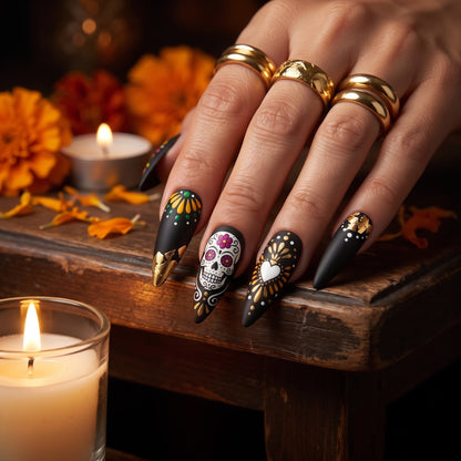 Gold Leaf Sugar Skull Press On Nails — Gilded Grin | Hand-Painted Matte Black Stiletto Set