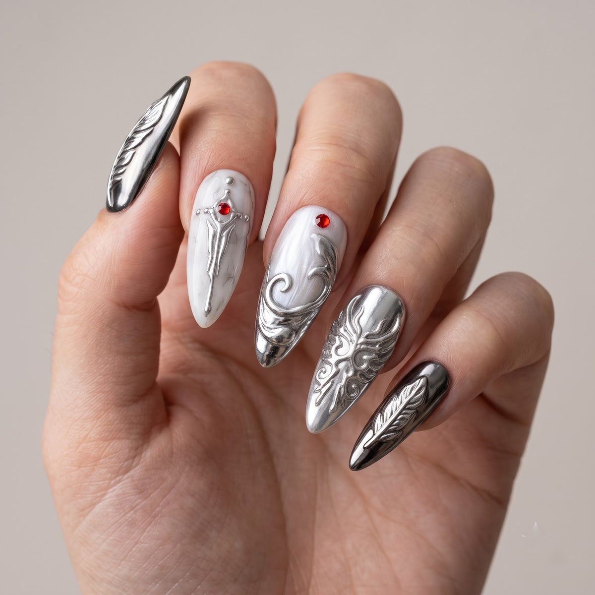 Silver Wing Press On Nails — 3D Feather & Chrome Set | Handmade Stiletto, Fantasy Romance