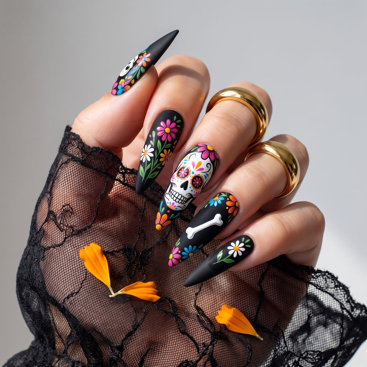 Black Floral Sugar Skull Press On Nails — Midnight Grin | Hand-Painted 3D Stiletto Set