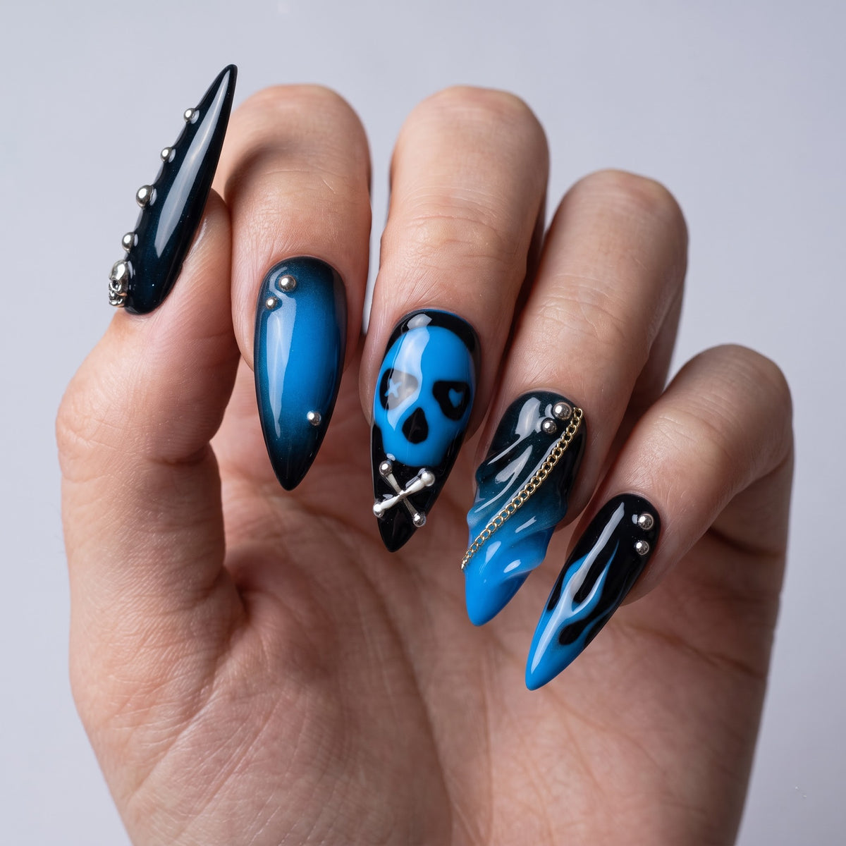 Blue Flame Skull Press On Nails — Chain & Stud Set | Handmade Black Stiletto, Y2K Grunge