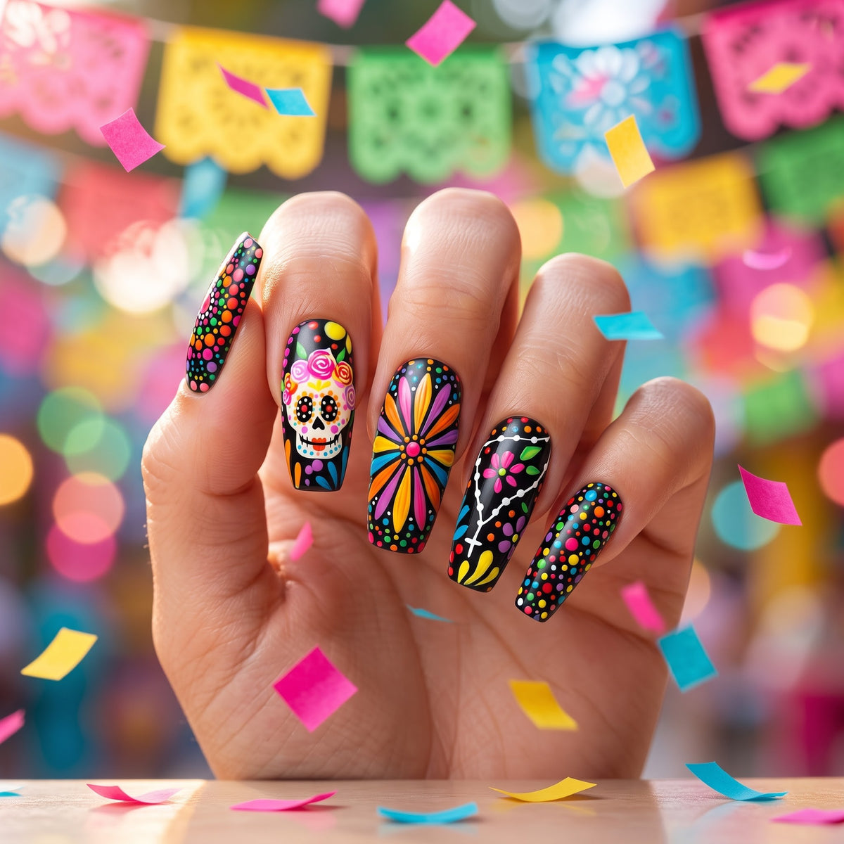Rainbow Dot Sugar Skull Press On Nails — Confetti Grin | Hand-Painted Black Coffin Set