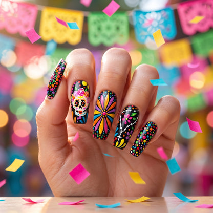 Rainbow Dot Sugar Skull Press On Nails — Confetti Grin | Hand-Painted Black Coffin Set