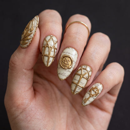 Gold Dragon & Wax Seal Press On Nails — Parchment Script Set | Handmade Almond, Dark Academia