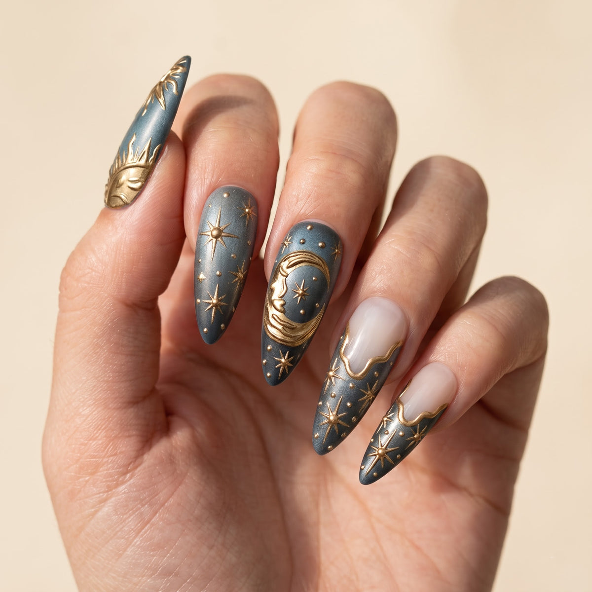Celestial Sun & Moon Press On Nails — 3D Gold Relief Set | Handmade Teal Almond, Witchy Tarot