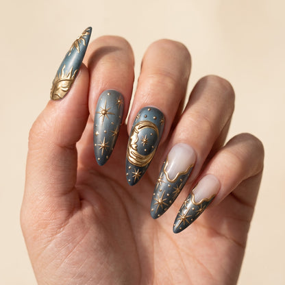 Celestial Sun & Moon Press On Nails — 3D Gold Relief Set | Handmade Teal Almond, Witchy Tarot