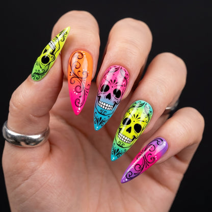Neon Sugar Skull Press On Nails — Neon Grin | Hand-Painted Stiletto Glow Set