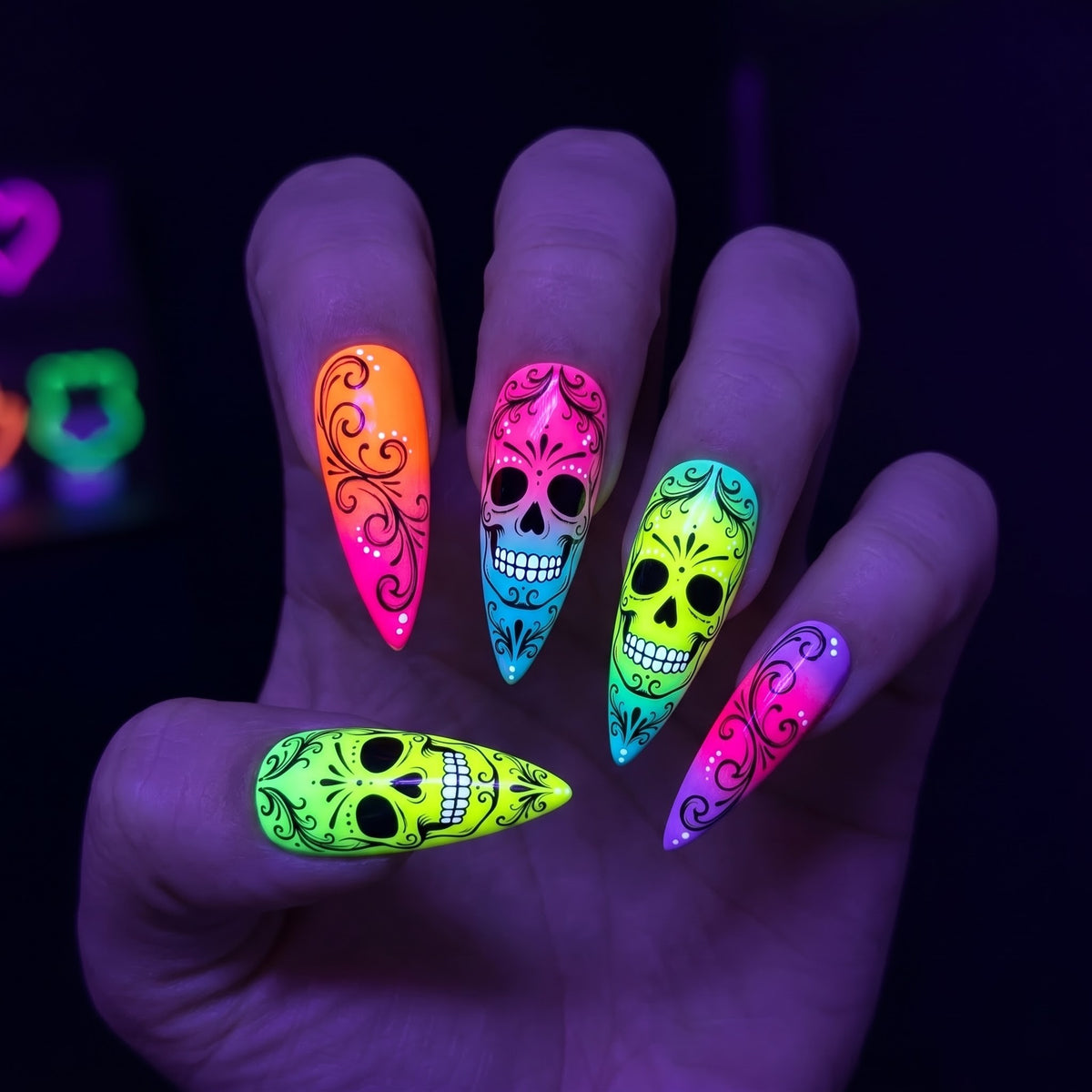 Neon Sugar Skull Press On Nails — Neon Grin | Hand-Painted Stiletto Glow Set