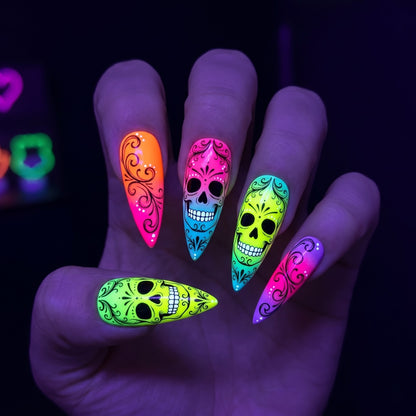Neon Sugar Skull Press On Nails — Neon Grin | Hand-Painted Stiletto Glow Set