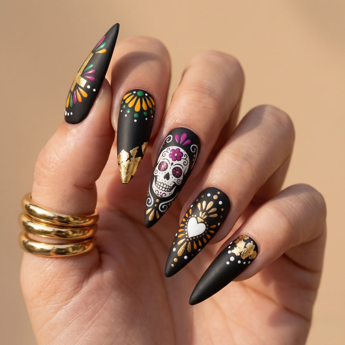 Gold Leaf Sugar Skull Press On Nails — Gilded Grin | Hand-Painted Matte Black Stiletto Set