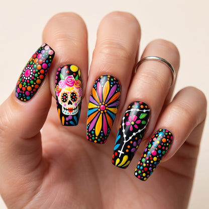 Rainbow Dot Sugar Skull Press On Nails — Confetti Grin | Hand-Painted Black Coffin Set