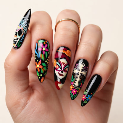 Day of the Dead Catrina Press On Nails — Marigold Muse | Hand-Painted Black Stiletto Set