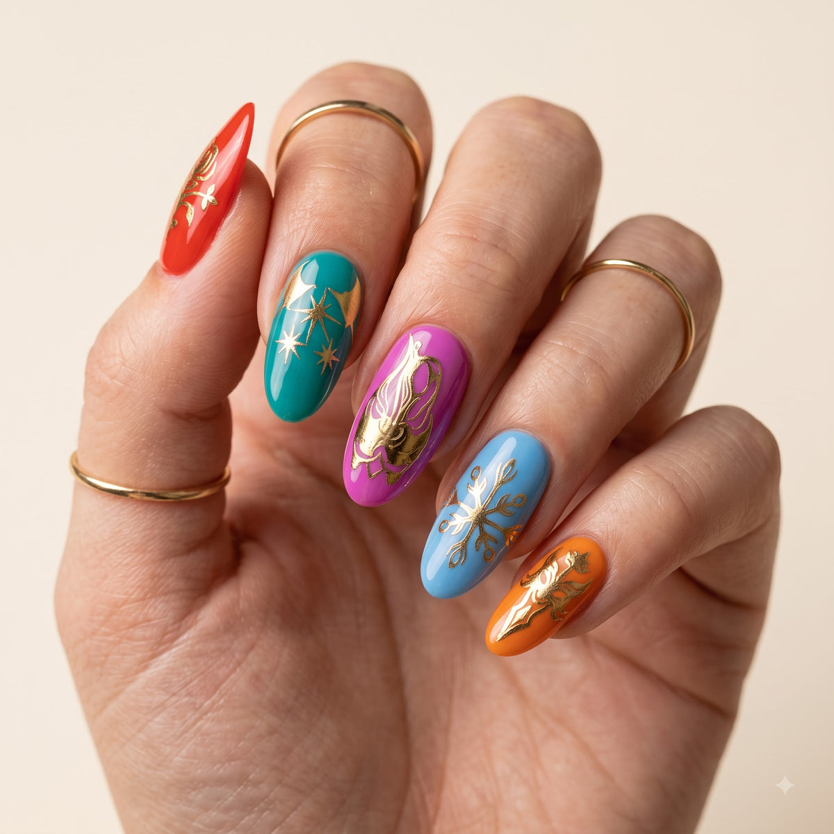 Bookish Press On Nails — Gold Rose & Thorn Set | Hand-Painted Almond, Romantasy Reader Gift