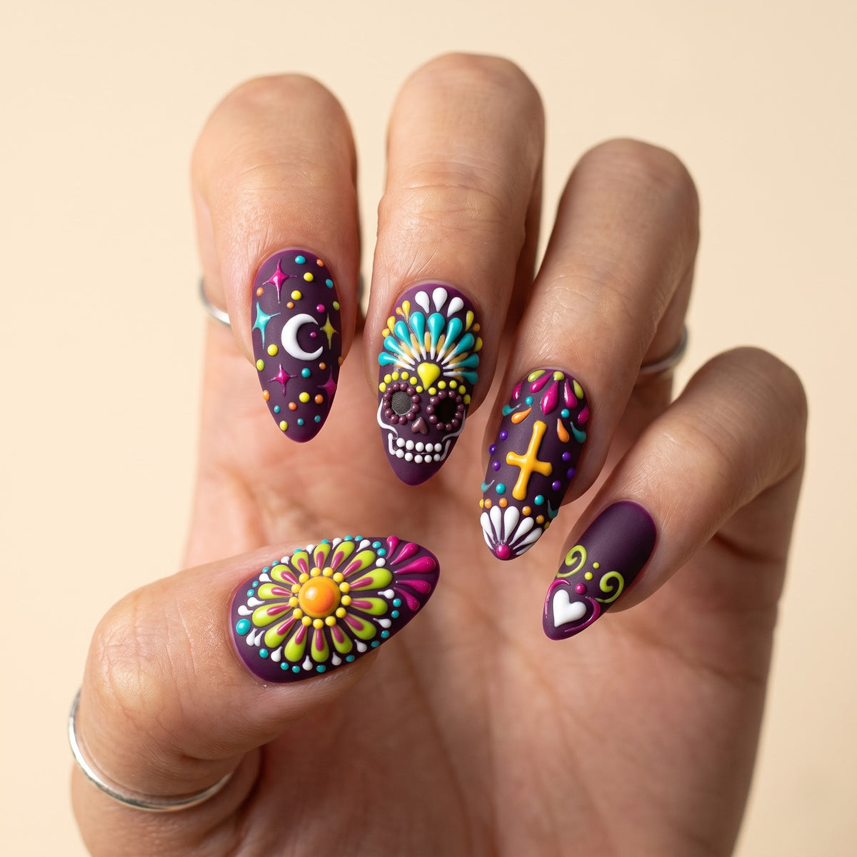 3D Sugar Skull Press On Nails — Violet Vigil | Hand-Painted Purple Matte Almond Set