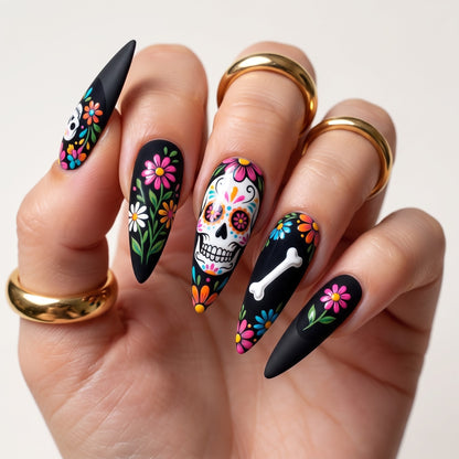 Black Floral Sugar Skull Press On Nails — Midnight Grin | Hand-Painted 3D Stiletto Set